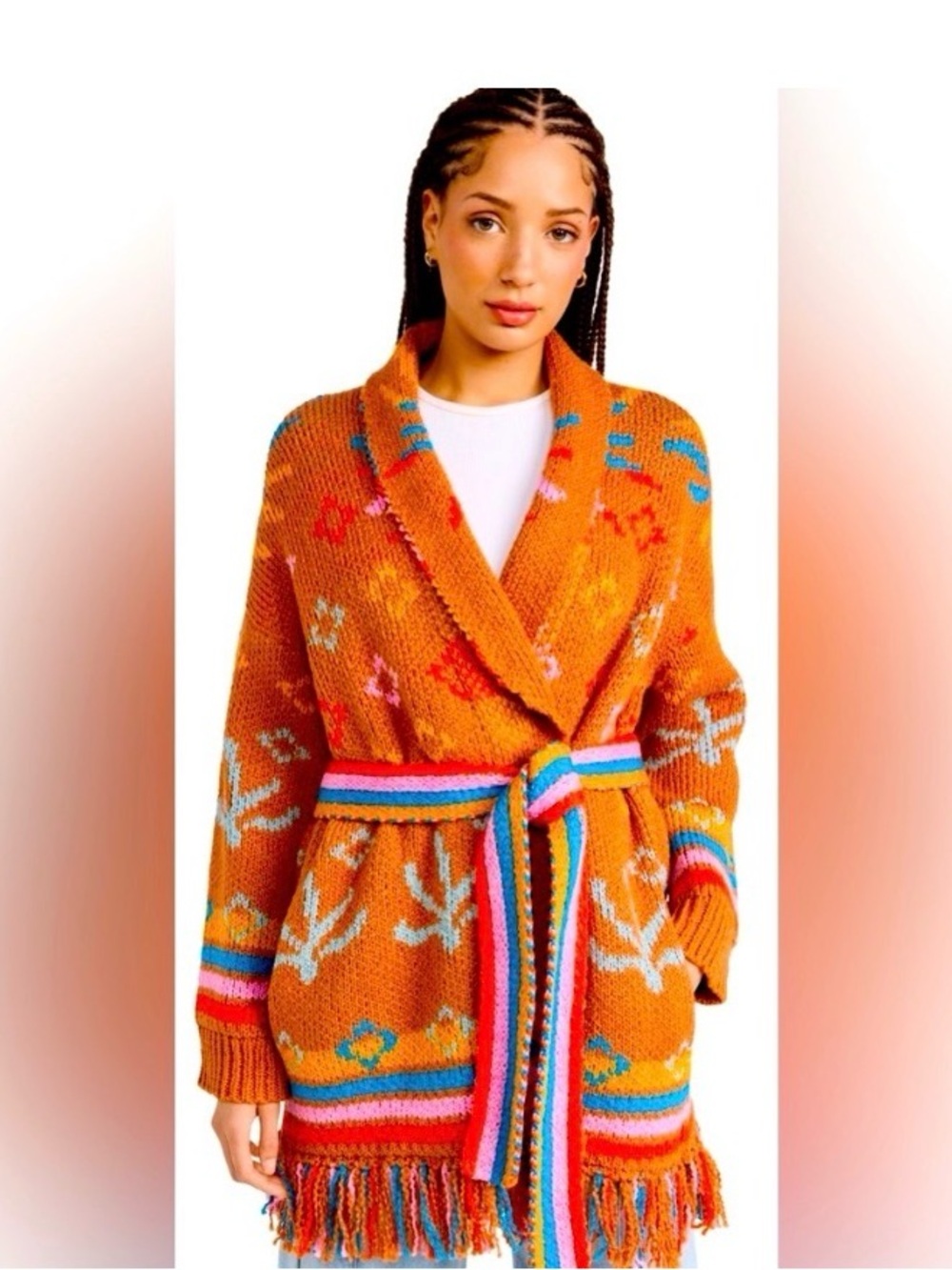 Lingua Franca Sun Robe Fringed Intarsia Cotton Knit Robe Cardigan Duster 2X